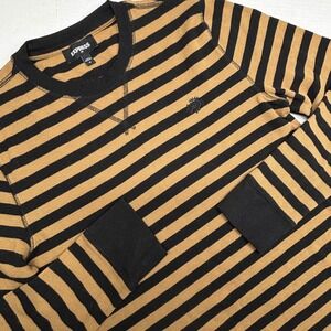 Express Mens Thermal Shirt Striped Waffle Knit Black Tan‎ Medium Retro Y2K EUC